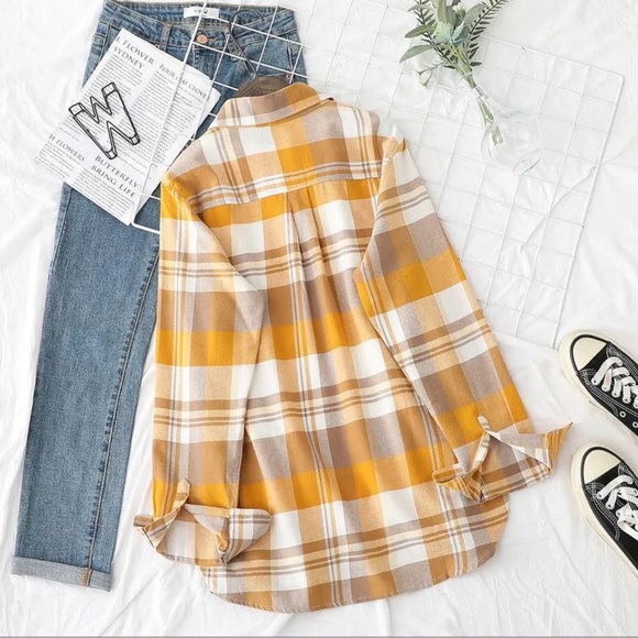 PaperMoon Mustard Flannel Plaid Oversized Button Down Shirt - Picture 14 of 16